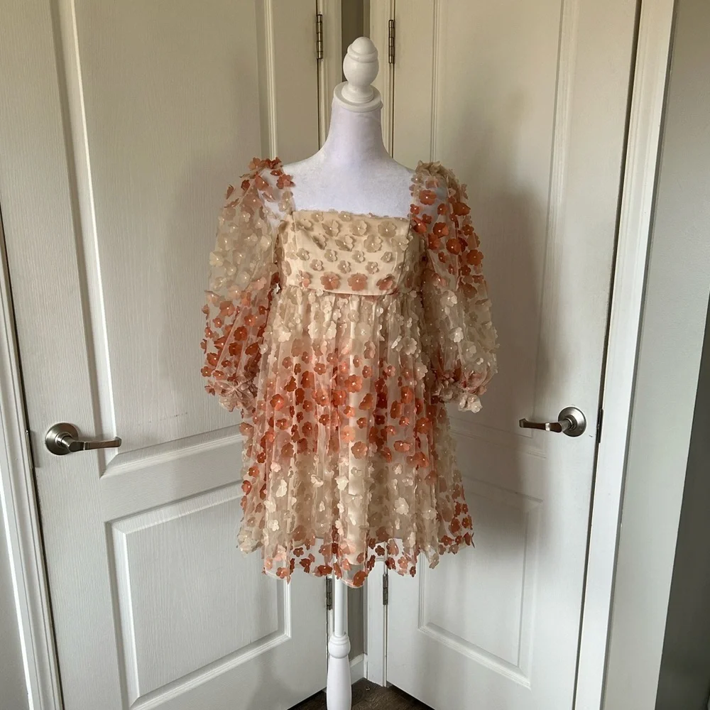 Vestiqúe Fairycore Romantic Sheer 3D Floral Babydoll Dress Puff Sleeves.​​